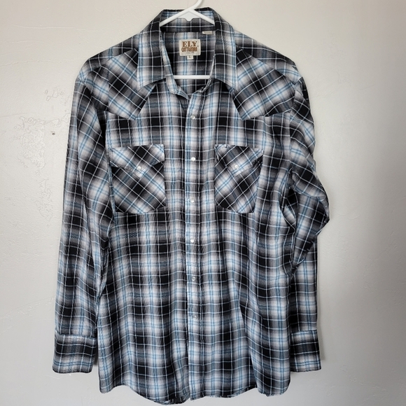 Ely Cattleman Men's Large Long Sleeve Button Up Dress Shirt Blue Black Plaid Top - Picture 1 of 4